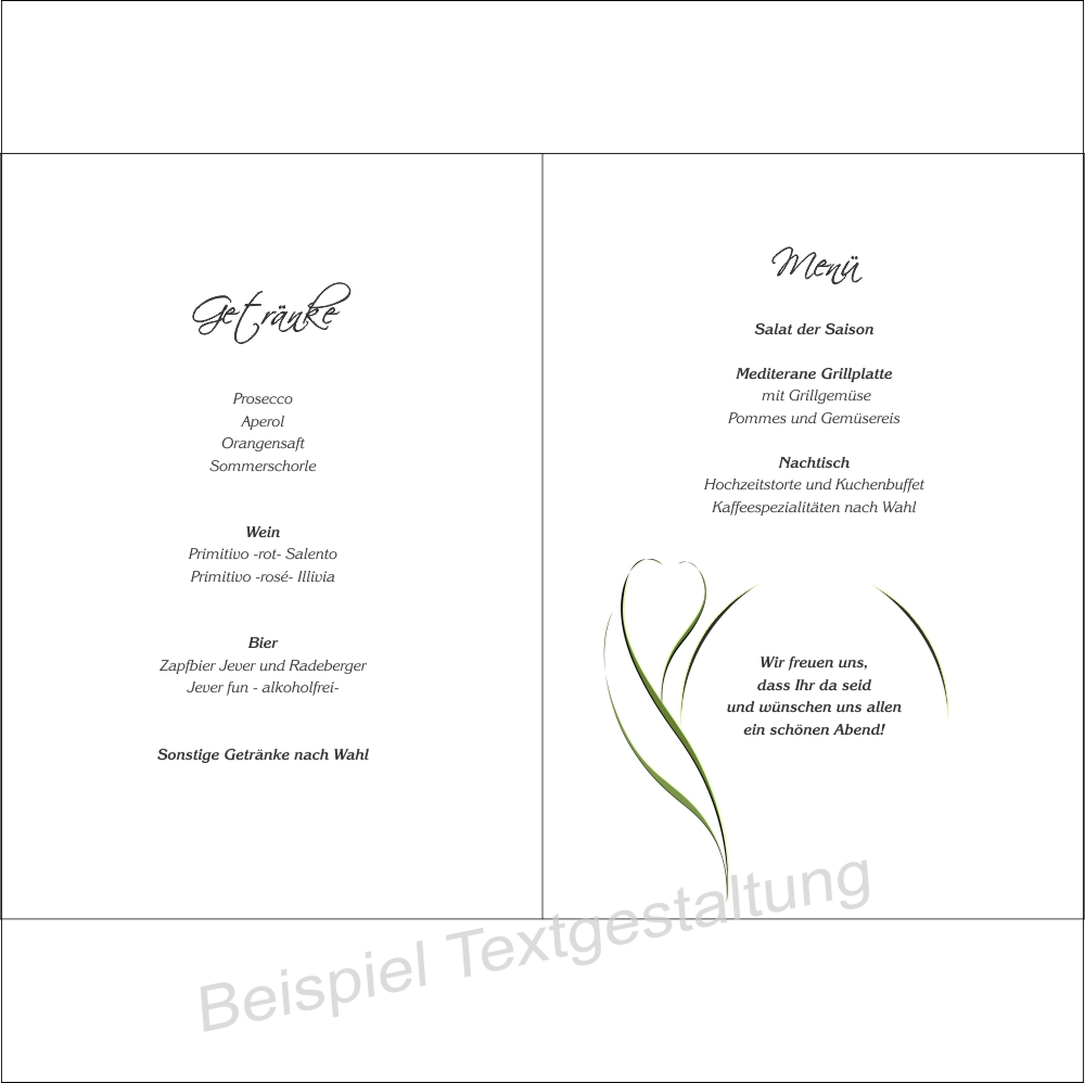 Menükarte "Blüte" grün Innentextgestaltung Menükarte "Blüte" grün Innentextgestaltung