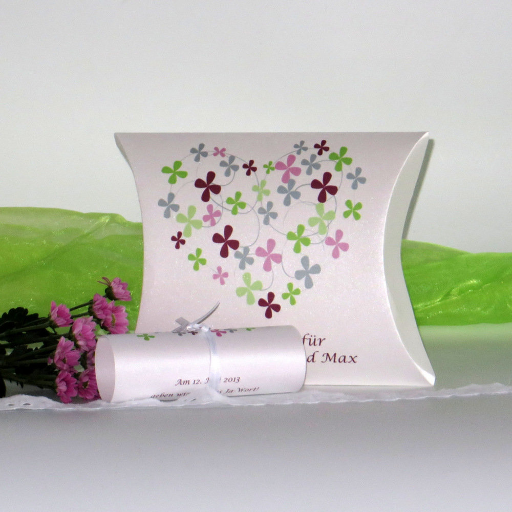 Hochzeitseinladungsbox "Blumenherz" grün&rosa&aubergine