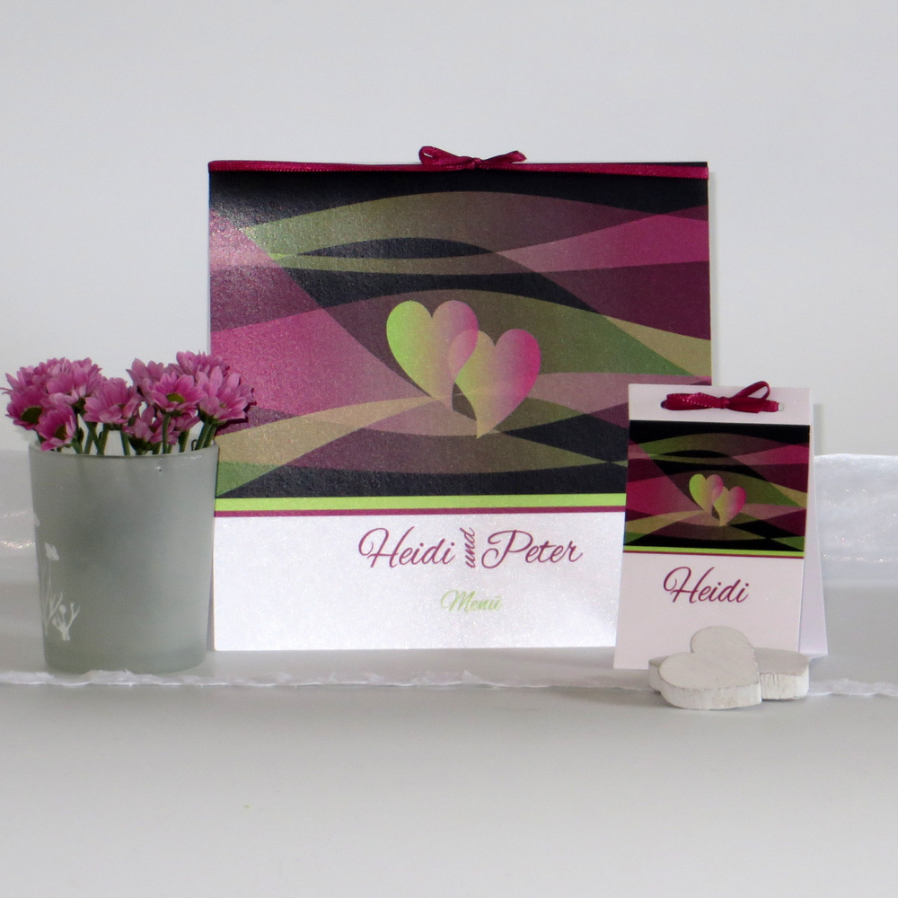 Tischaufsteller Farbenspiel pink & grün mit Menükarte Tischaufsteller Farbenspiel pink & grün mit Menükarte