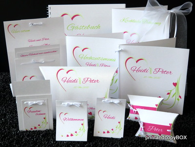Farbenfrohes Hochzeitskartenset in ausgefallenem pink und grün sowie mit einem ansprechenden Herzmotiv Farbenfrohes Hochzeitskartenset in ausgefallenem pink und grün sowie mit einem ansprechenden Herzmotiv