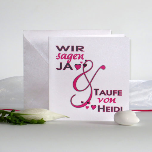 Einladungskarte zur Hochzeit mit Taufe mit Herzen