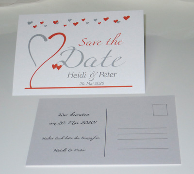 Schicke Save the Date Karte mit vielen Herzen in orange Schicke Save the Date Karte mit vielen Herzen in orange