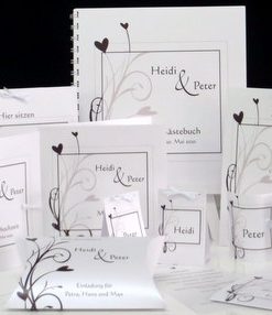 Stylisches Kartenset zum 25-jährigem Hochzeitsjubiläum in braun mit Ranken und Herzen