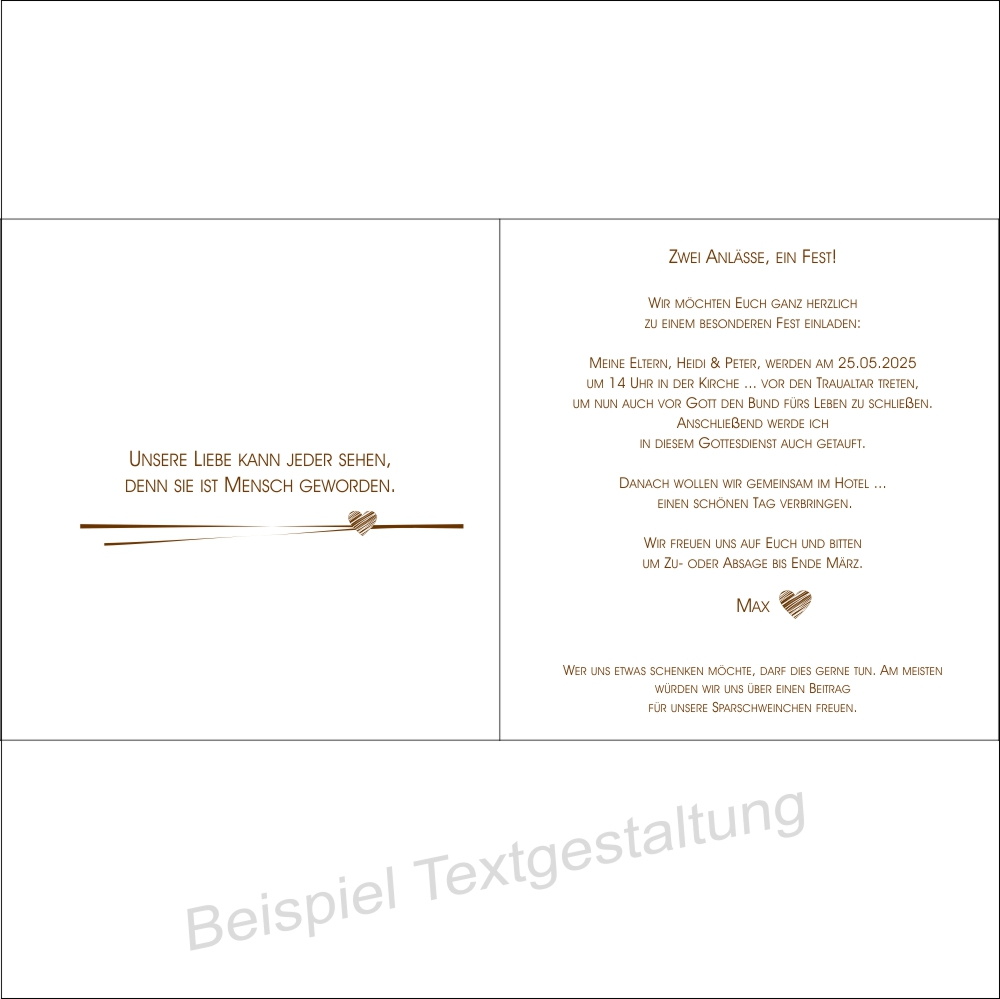 Traufeinladung "Streifenherz" braun Innentextgestaltung Traufeinladung "Streifenherz" braun Innentextgestaltung