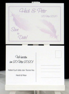 Save-the-Date-Karte mit Federn in flieder. Save-the-Date-Karte mit Federn in flieder.