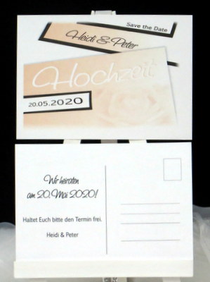 Save-the-Date-Karte mit einem Rosenmotiv in apricot. Save-the-Date-Karte mit einem Rosenmotiv in apricot.