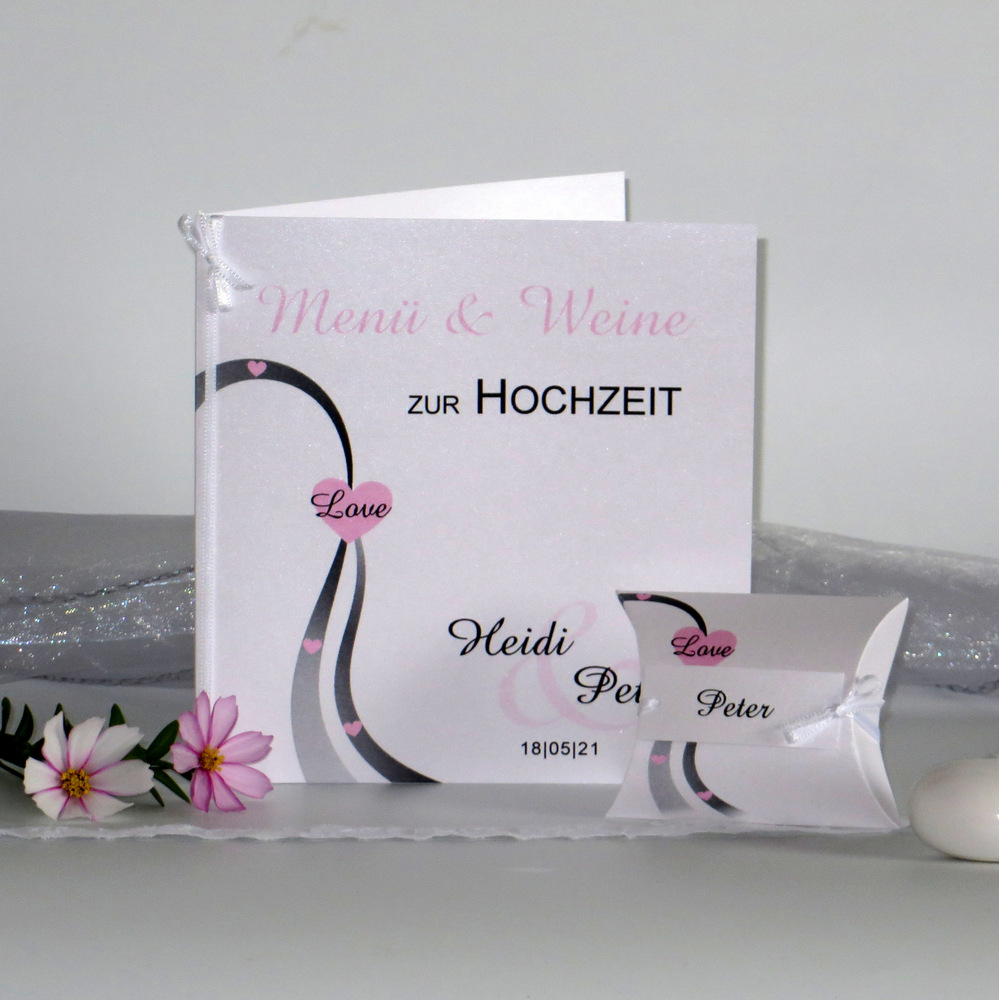 Gastgeschenk + Tischkarte "Liebesweg" rosa mit Menükarte Gastgeschenk + Tischkarte "Liebesweg" rosa mit Menükarte