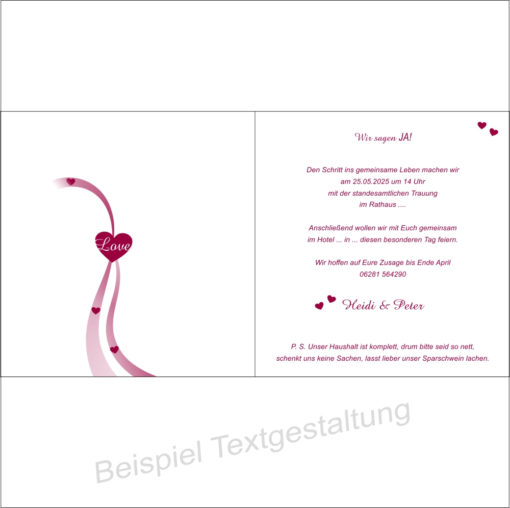 Hochzeitseinladung "Liebesweg" rot Innentextgestaltung