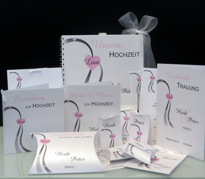 Hochzeitspapeterie mit modernen Highlights in rosa und anthrazit. Hochzeitspapeterie mit modernen Highlights in rosa und anthrazit.
