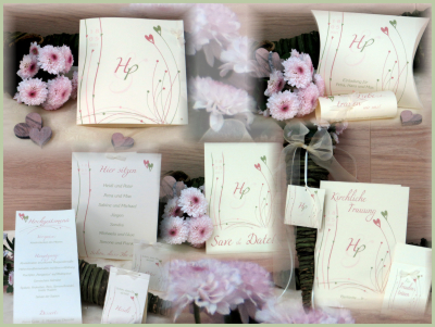 Stylische Hochzeitskarten in rosé und grün in angesagtem Vintagelook