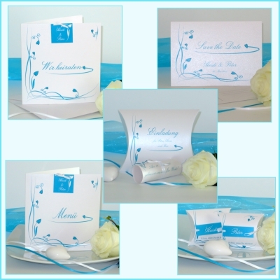 Hochzeitsaccessoires in türkis mit tollem Design aus Ranken und Herzen Hochzeitsaccessoires in türkis mit tollem Design aus Ranken und Herzen