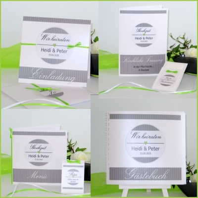 Hochzeitspapeterie mit Gruppentischkarte "Stripes" grün & grau Hochzeitspapeterie mit Gruppentischkarte "Stripes" grün & grau