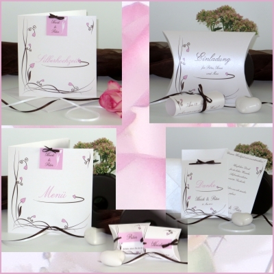 Stilvolle Karten in braun und rosa zur Silberhochzeit Einladungskarten und mehr für eine Silberhochzeit.