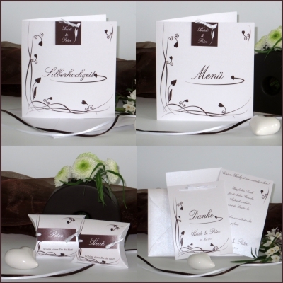 Braun-weiße Silberhochzeitskarten mit Herz Edel und elegant ist das Kartenset für die Silberhochzeit in braun und weiß.