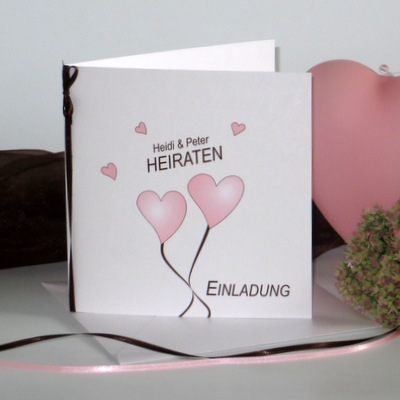 Hochzeitseinladung "Herzballons" rosa