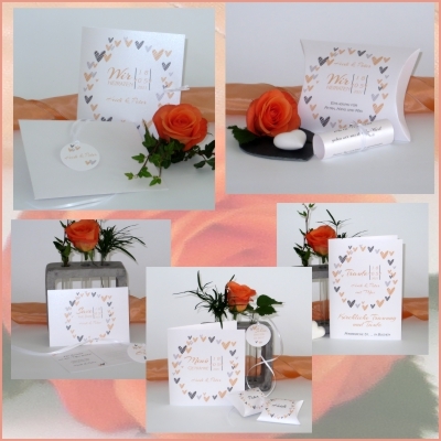 Hochzeitskartenset mit Getränkekarte "Herzring" apricot Hochzeitskartenset mit Getränkekarte "Herzring" apricot