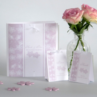 Menükarte zur Hochzeit "Blütentraum" rosa mit Tischaufstellern Menükarte zur Hochzeit "Blütentraum" rosa mit Tischaufstellern