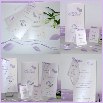 Stilvolle Papeterie zur Silberhochzeit mit flieder Einladungen, Menükarten, Tischkarten und viele weitere Accessoires für eine Silberhochzeit mit flieder und grau.