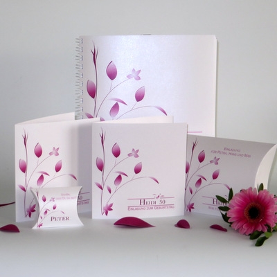 Kartenset mit Geburtstagsmenükarte "Blattwerk" pink