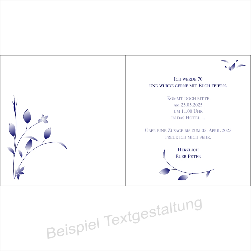Geburtstagseinladung "Blattwerk" blau Innentextgestaltung