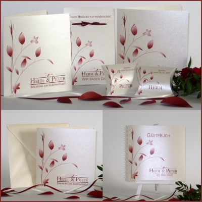 Papeterie für die Silberhochzeit mit Stil Kartenset zur Silberhochzeit, das elegant und klassisch in rot und creme gehalten ist.