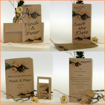 Hochzeitspapeterie mit Kirchenheft "Roses" apricot im Vintagestil