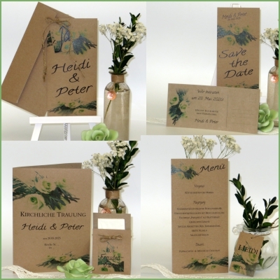 Kartenset zur Hochzeit im Vintagelook mit grünen Rosen