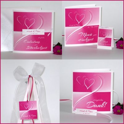 Silberhochzeitspapeterie mit zwei Herzen als romantisches Motiv in tollem Pink Leuchtendes Pink als Blickfang - modernes Kartenset zur Silberhochzeit in auffälligem Herzdesign