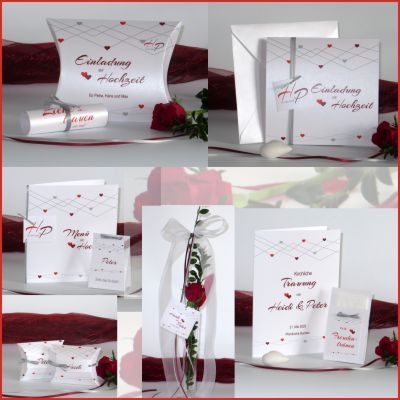 Hochzeitspapeterie mit Dankeskarte "Farbherzen" rot Hochzeitspapeterie mit Dankeskarte "Farbherzen" rot