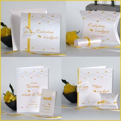 Hochzeitspapeterie mit Dankeskarte "Farbherzen" gelb