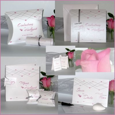 Hochzeitskarten in zartem rosa und grau mit Herz- und Liniendesign