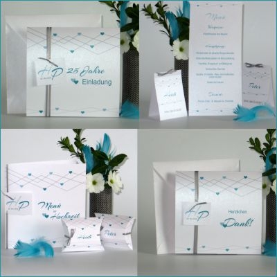 Entzückende Herzen und Linien in türkis und grau als Design dieser Silberhochzeitskollektion Fantastische Silberhochzeitskarten mit süßen Herzen und Linien in tollem türkis und grau