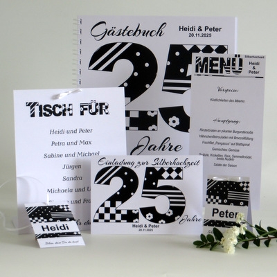 Silberhochzeitspapeterie zum Motto "Black & White" mit trendigem Motiv