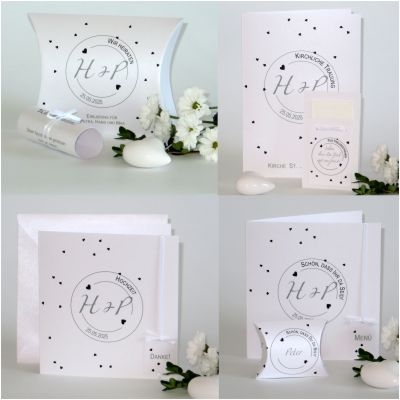 Hochzeitspapeterie mit der Taschentuchtasche "Konfetti" schwarz & weiß Hochzeitspapeterie mit der Taschentuchtasche "Konfetti" schwarz & weiß