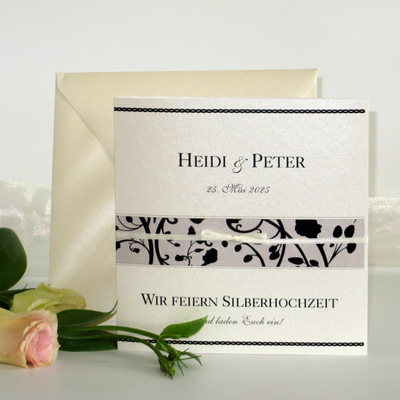 Einladung zur Silberhochzeit "Florales Design" schwarz