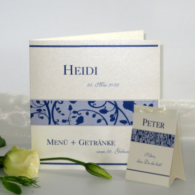 Geburtstagsmenükarte "Florales Design" blau mit passender Tischkarte