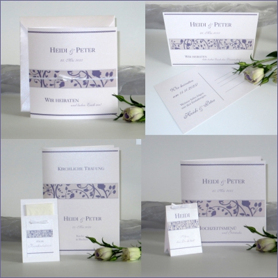 Hochzeitspapeterie mit der Save the Date "Florales Design" flieder Hochzeitspapeterie mit der Save the Date "Florales Design" flieder