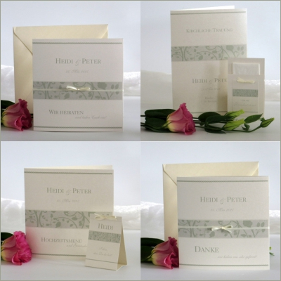 Hochzeitspapeterie mit der Menükarte "Florales Design" grün Hochzeitspapeterie mit der Menükarte "Florales Design" grün