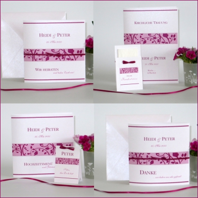 In leuchtendem pink und mit floralem Design gestaltete Hochzeitskarten