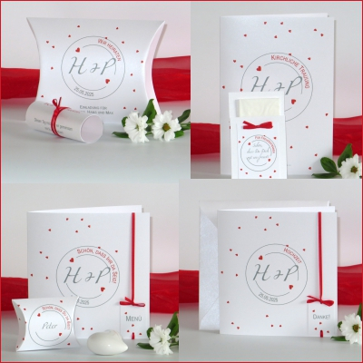 Hochzeitskartenset mit einem herzigen Design in strahlendem Rot.