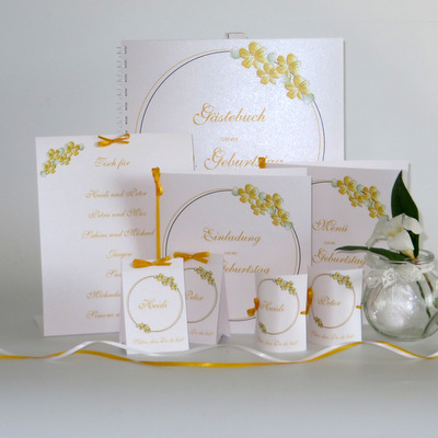 Geburtstagskartenset mit der Tischkarte "Blumenkranz" gelb Geburtstag
