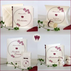 Hochzeitskartenset "Blumenkranz" bordeaux