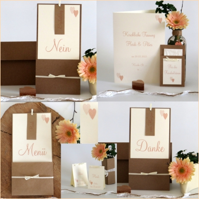 Hochzeitspapeterie mit der Menü- und Tischkarte "Nein wir heiraten" apricot