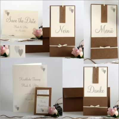 Hochzeitskartenset mit den Save the Date "Nein wir heiraten" taupe Hochzeitskartenset mit den Save the Date "Nein wir heiraten" taupe