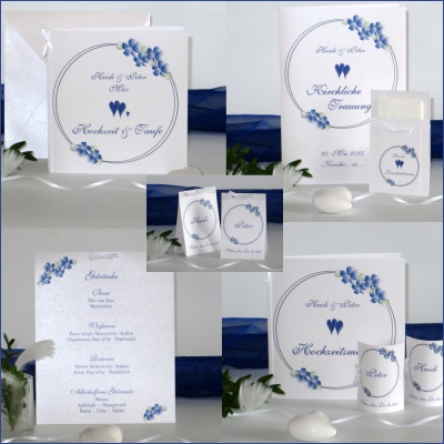 Edles Kartenset zur Hochzeit und Taufe mit blauen Herzen und Blumen Traufpapeterie mit Blumen, Herzen und Ringen in blau