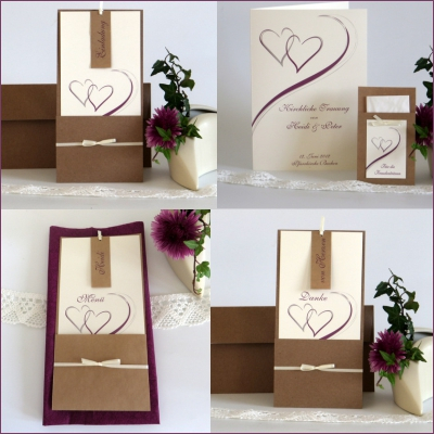 Hochzeitskartenset mit der Taschentuchtasche "Harmonieherzen" beere Hochzeitskartenset mit der Taschentuchtasche "Harmonieherzen" beere