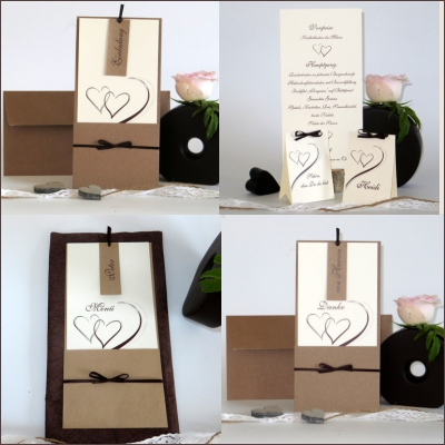 Braune Herzen auf creme sowie Elementen aus Kraftpapier - ein einzigartiges Kartenset zur Silberhochzeit Silberhochzeitskarten mit Akzenten aus Kraftpapier und romantischen Herzen in braun