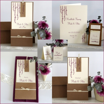 Dezente Papeterie für die Hochzeit mit Taufe Auffallend schönes Kartenset für die Hochzeit mit Taufe mit Blätterranken in beere.