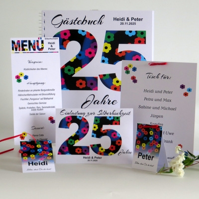 Silberhochzeitskarten mit vielen bunten Blümchen