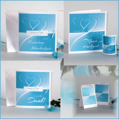 Edle Silberhochzeitspapeterie mit Herzen und tollem Design in türkis Ausgefallenes Kartenset zur Silberhochzeit in tollem Türkis mit reizenden Herzen